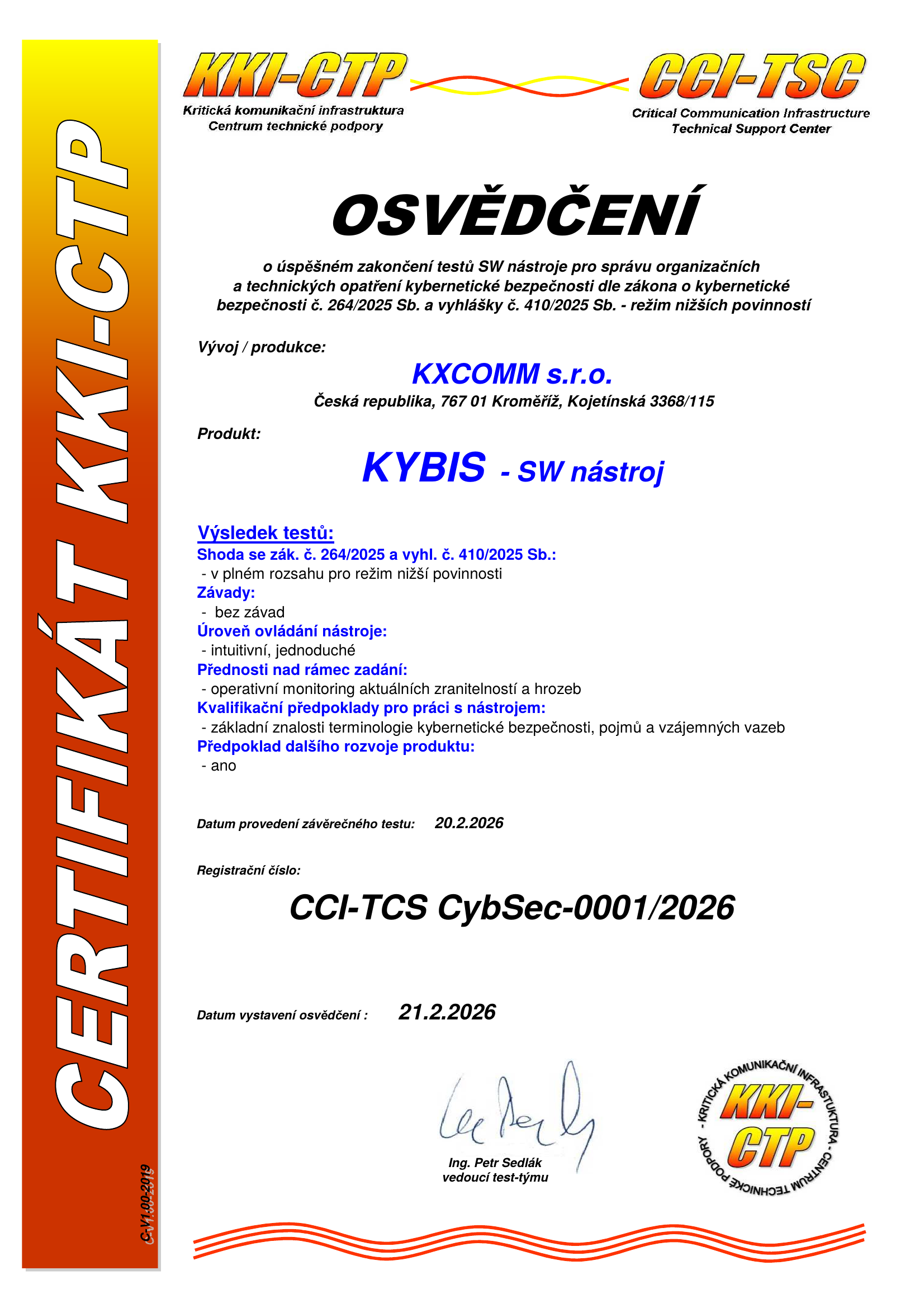 Osvědčení KKI-CTP o shodě nástroje KyBIS se zákonem č. 264/2025 Sb.